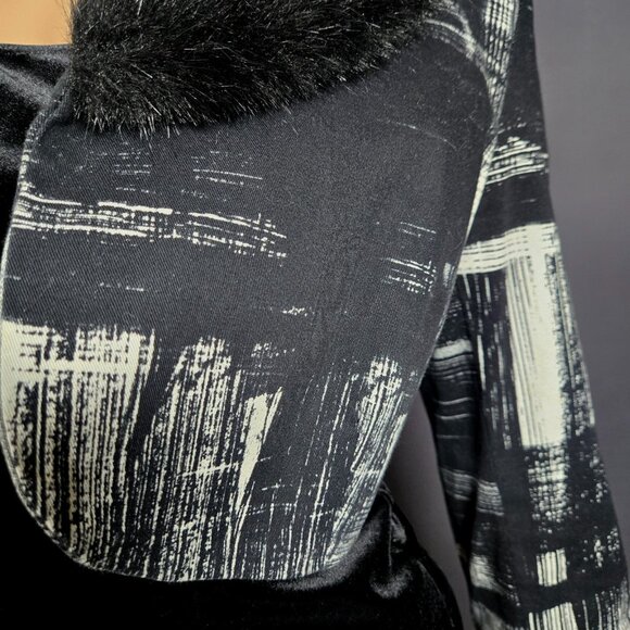 Vintage Bolero Jacket Faux Fur Collar Size L Black White Abstract Print Italy - Picture 5 of 13